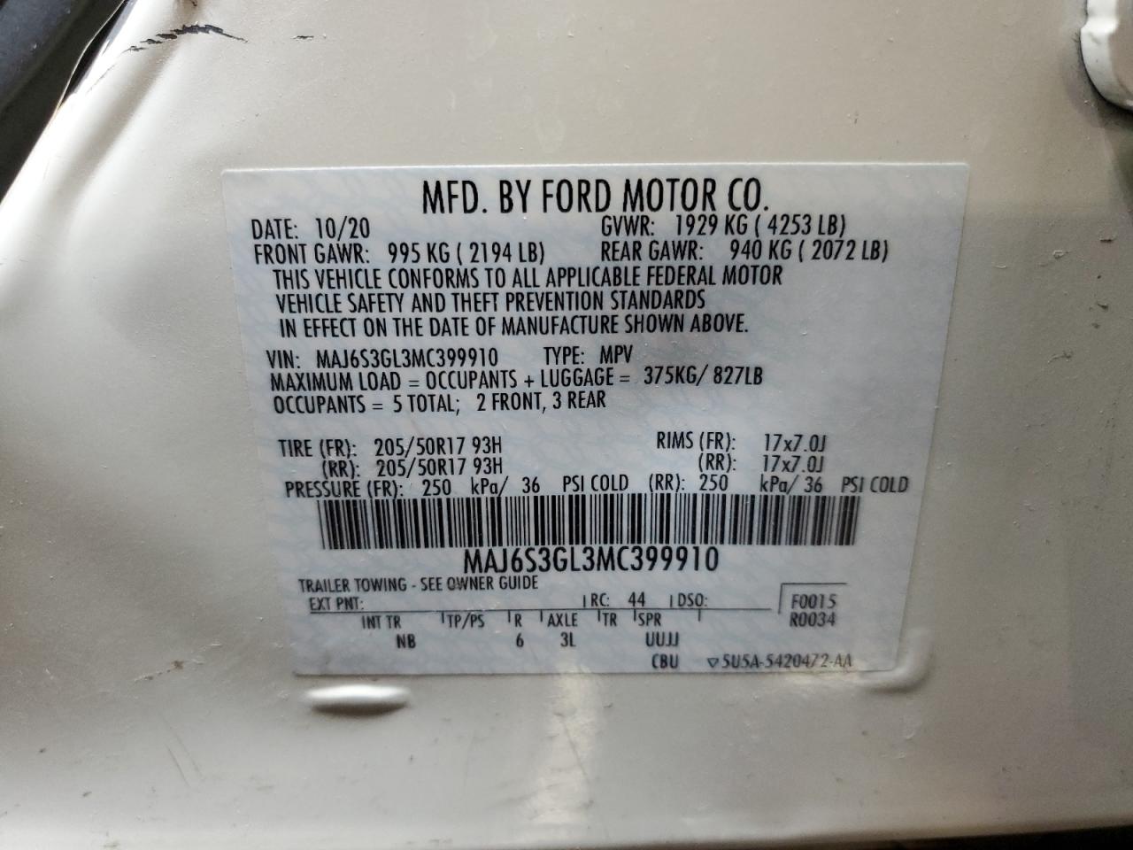 2021 Ford Ecosport Se VIN: MAJ6S3GL3MC399910 Lot: 86420034