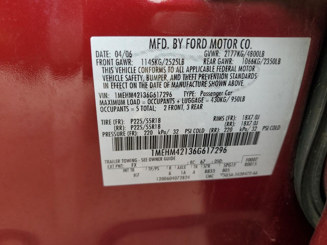 2006 Mercury Montego Premier VIN: 1MEHM42136G617296 Lot: 85106894