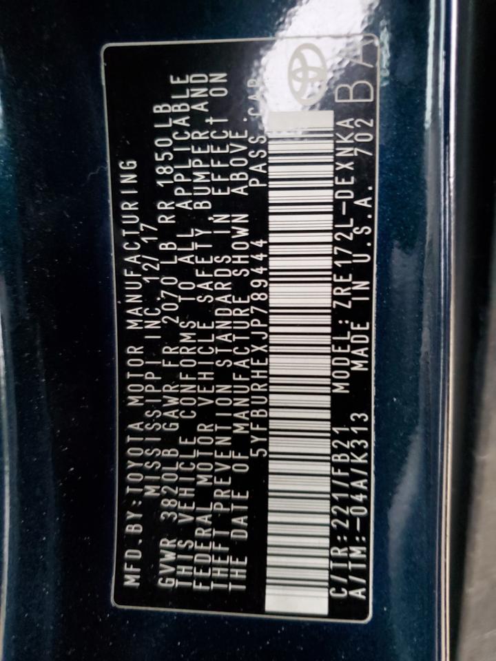 2018 Toyota Corolla L VIN: 5YFBURHEXJP789444 Lot: 86047314