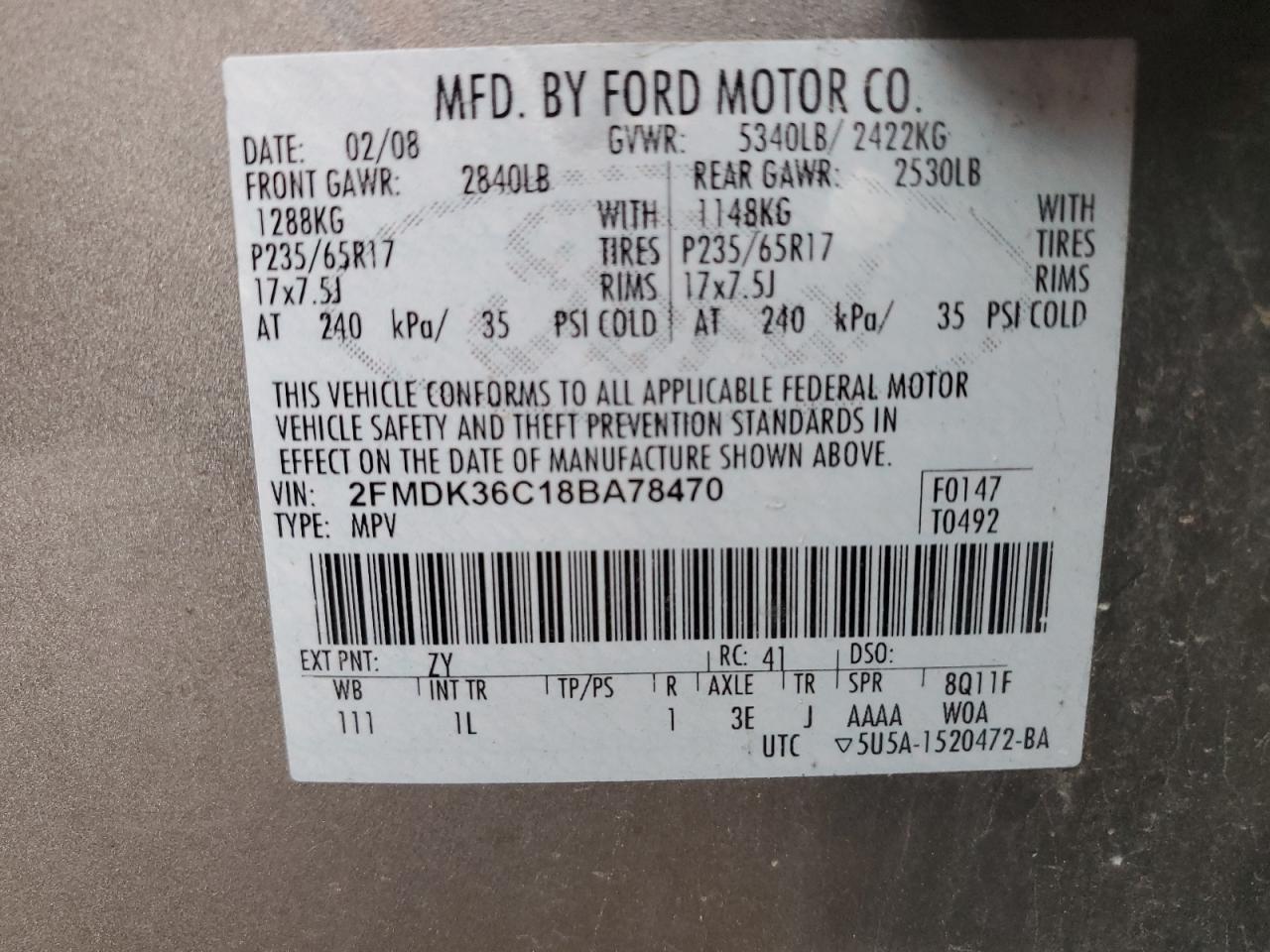 2008 Ford Edge Se VIN: 2FMDK36C18BA78470 Lot: 86852794