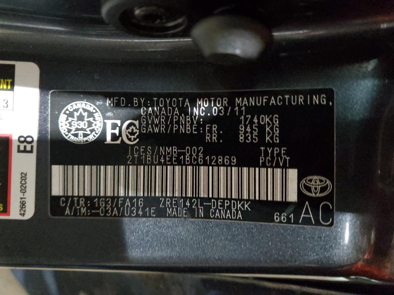 2011 Toyota Corolla Base VIN: 2T1BU4EE1BC612869 Lot: 84958174