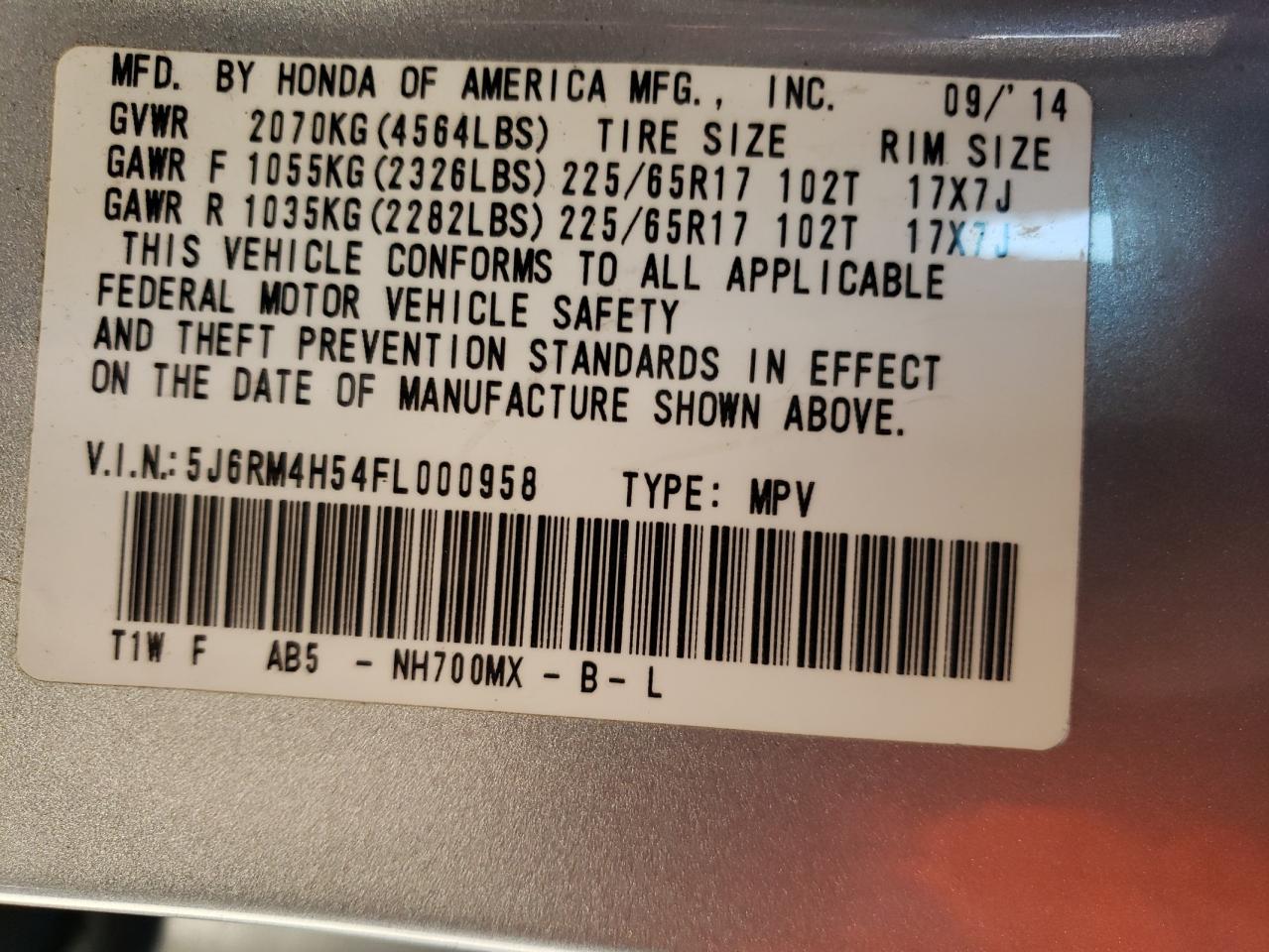 VIN 5J6RM4H54FL000958 2015 HONDA CRV no.13