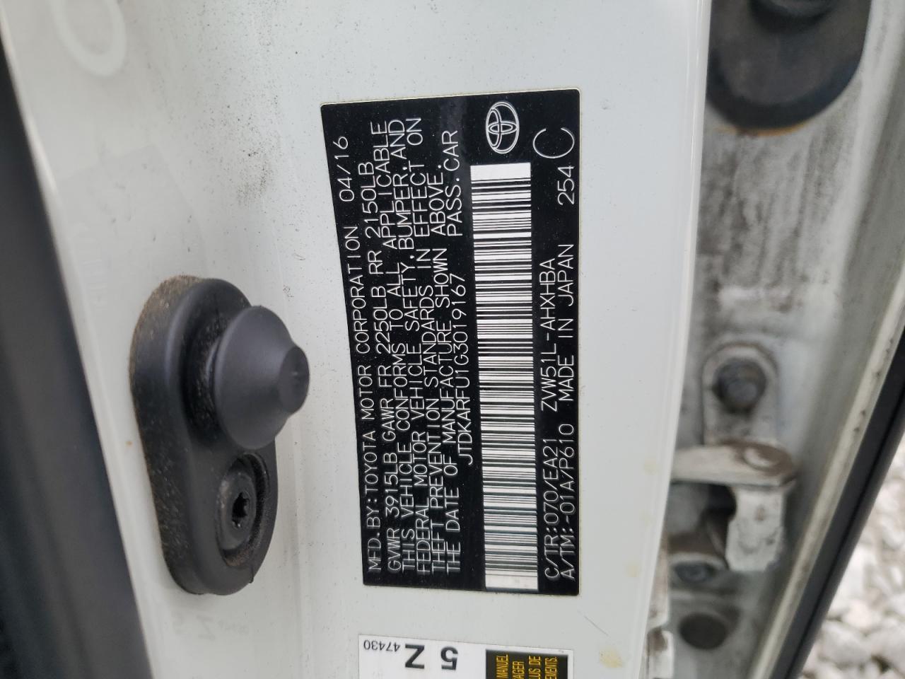 VIN JTDKARFU1G3019167 2016 TOYOTA PRIUS no.12