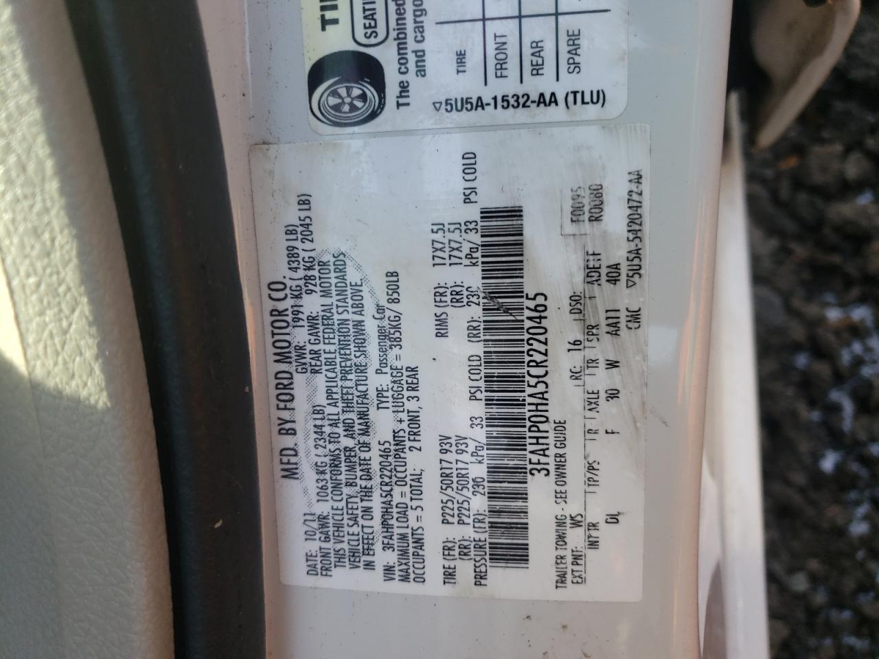 2012 Ford Fusion Se VIN: 3FAHP0HA5CR220465 Lot: 82878514