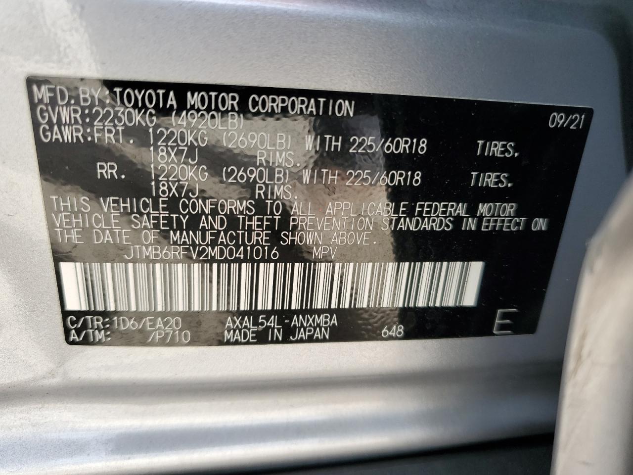 VIN JTMB6RFV2MD041016 2021 TOYOTA RAV4 no.13