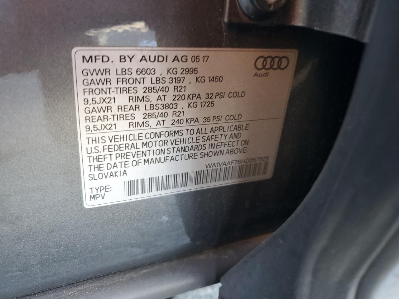 VIN WA1VAAF76HD057525 2017 AUDI Q7 no.14