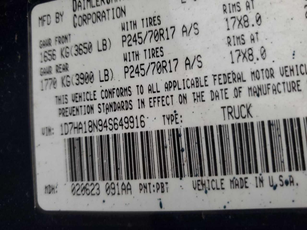 2004 Dodge Ram 1500 St VIN: 1D7HA18N94S649916 Lot: 84670484