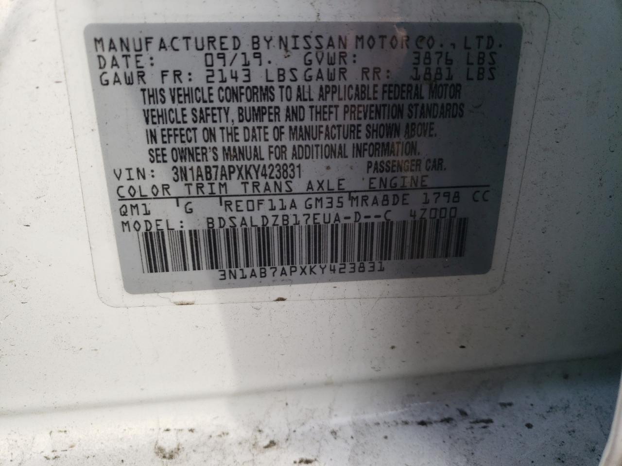 VIN 3N1AB7APXKY423831 2019 NISSAN SENTRA no.13