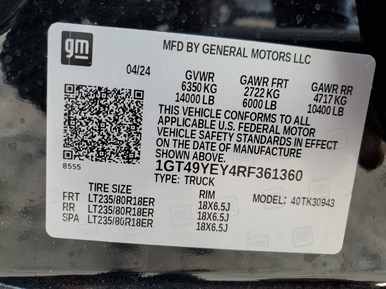 VIN 1GT49YEY4RF361360 2024 GMC SIERRA no.12