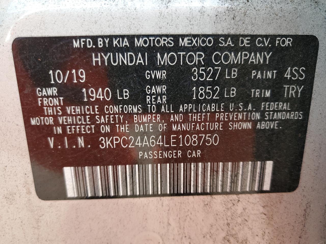 2020 Hyundai Accent Se VIN: 3KPC24A64LE108750 Lot: 85941334