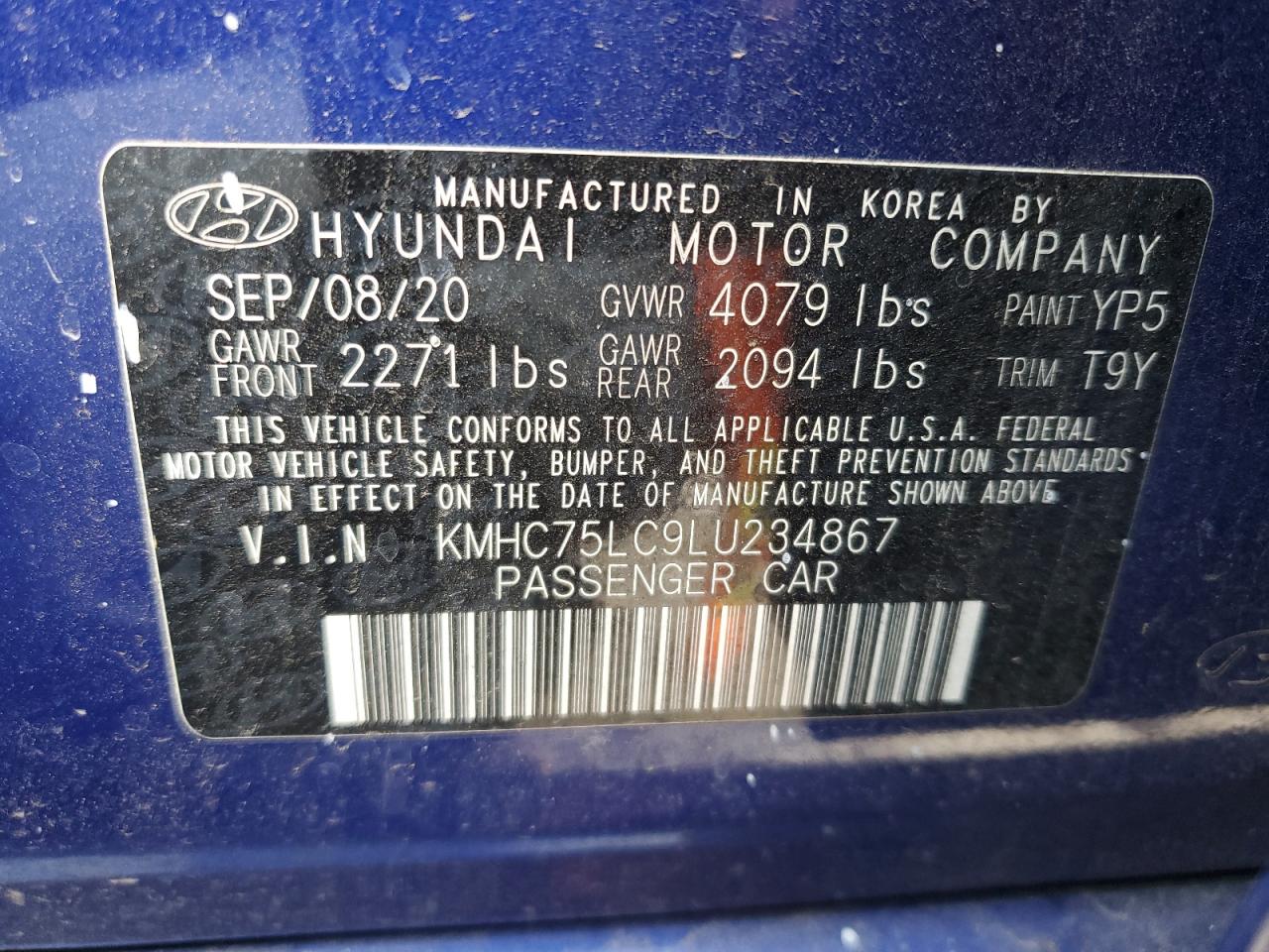 2020 Hyundai Ioniq Se VIN: KMHC75LC9LU234867 Lot: 85457374