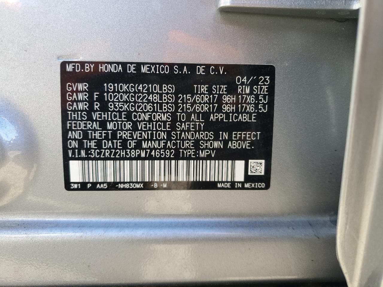 VIN 3CZRZ2H38PM746592 2023 HONDA HR-V no.13