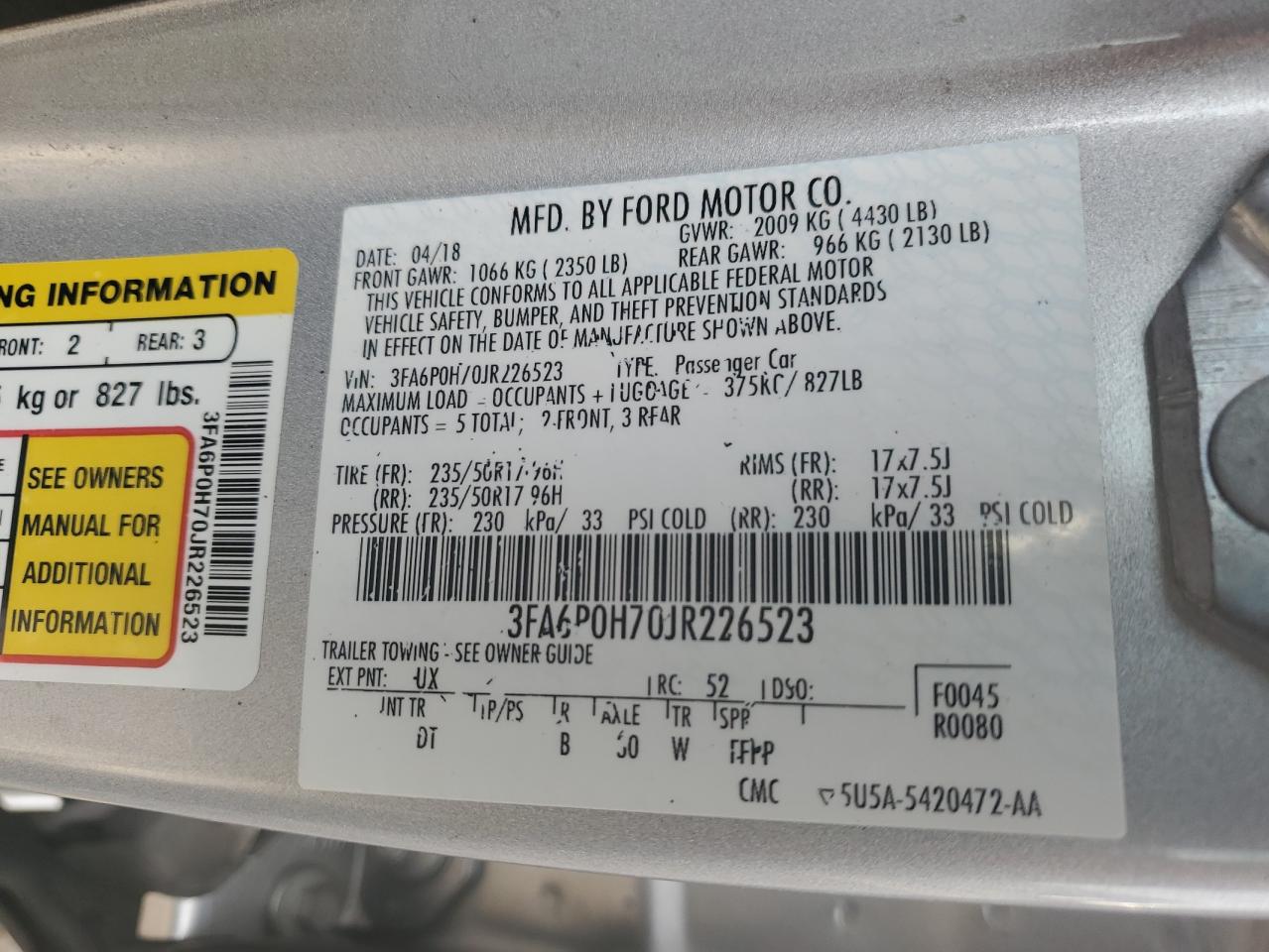 VIN 3FA6P0H70JR226523 2018 FORD FUSION no.12