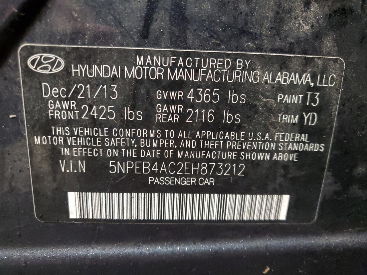 VIN 5NPEB4AC2EH873212 2014 HYUNDAI SONATA no.13