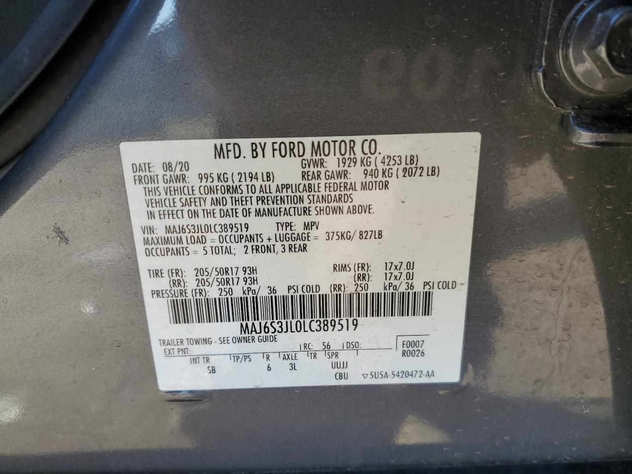 2020 Ford Ecosport Ses VIN: MAJ6S3JL0LC389519 Lot: 85324724