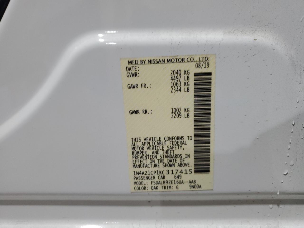 1N4AZ1CP1KC317415 NISSAN LEAF 2019