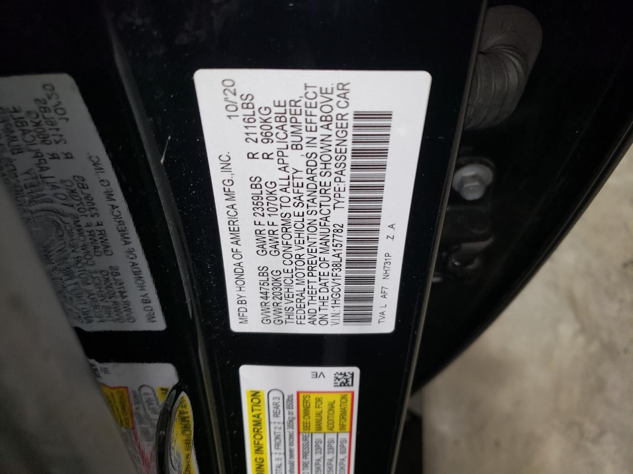 VIN 1HGCV1F38LA157782 2020 HONDA ACCORD no.12