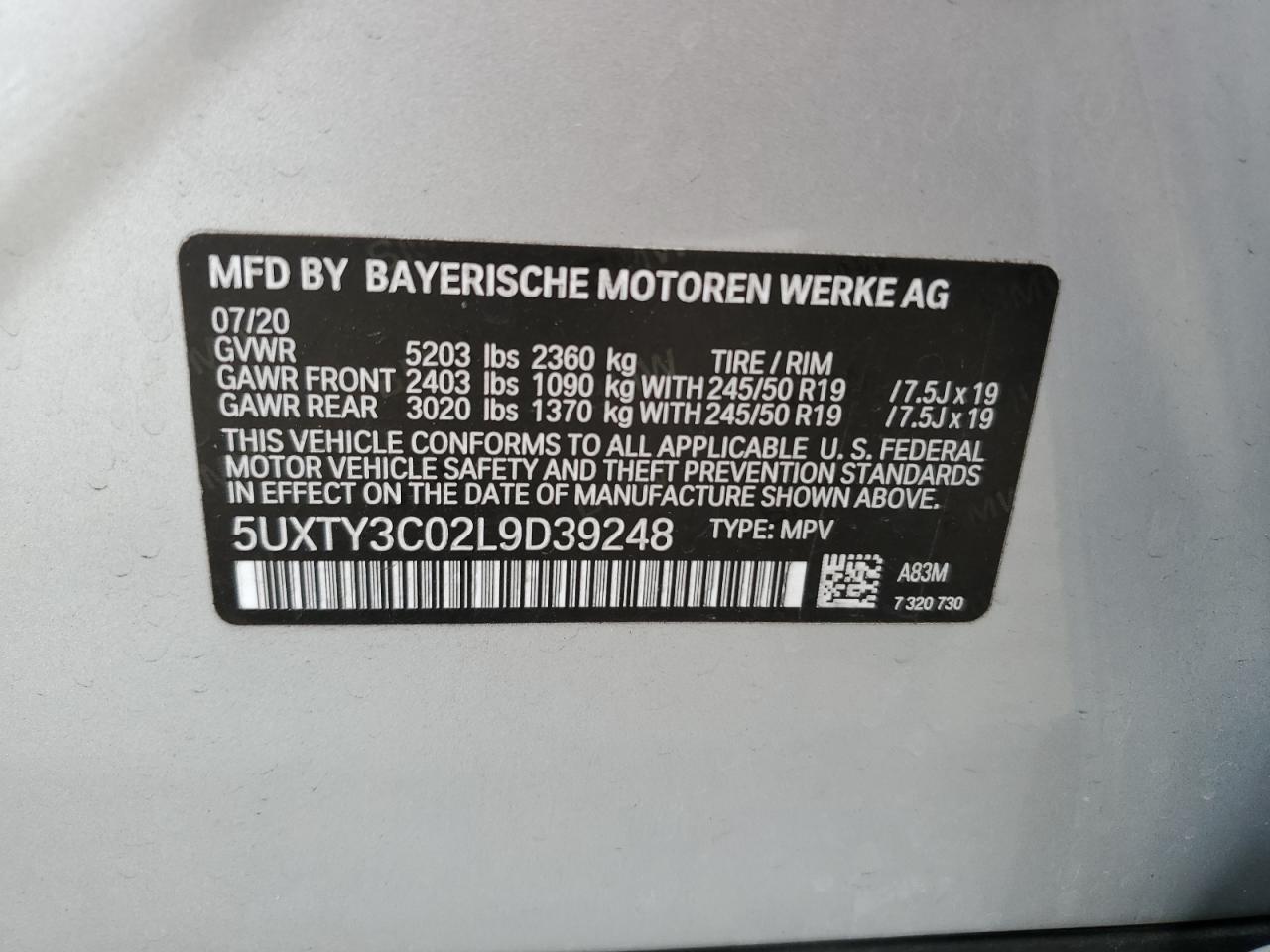 VIN 5UXTY3C02L9D39248 2020 BMW X3 no.13