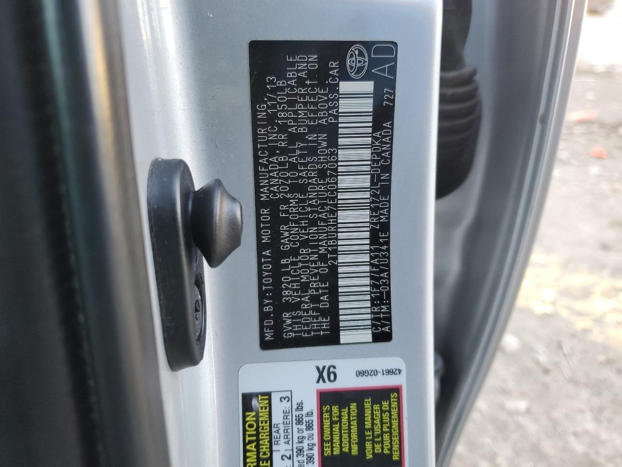 2014 Toyota Corolla L VIN: 2T1BURHE7EC067063 Lot: 85316954