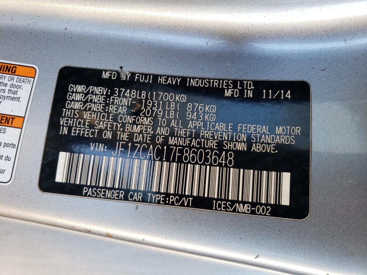 2015 Subaru Brz 2.0 Limited VIN: JF1ZCAC17F8603648 Lot: 81746254