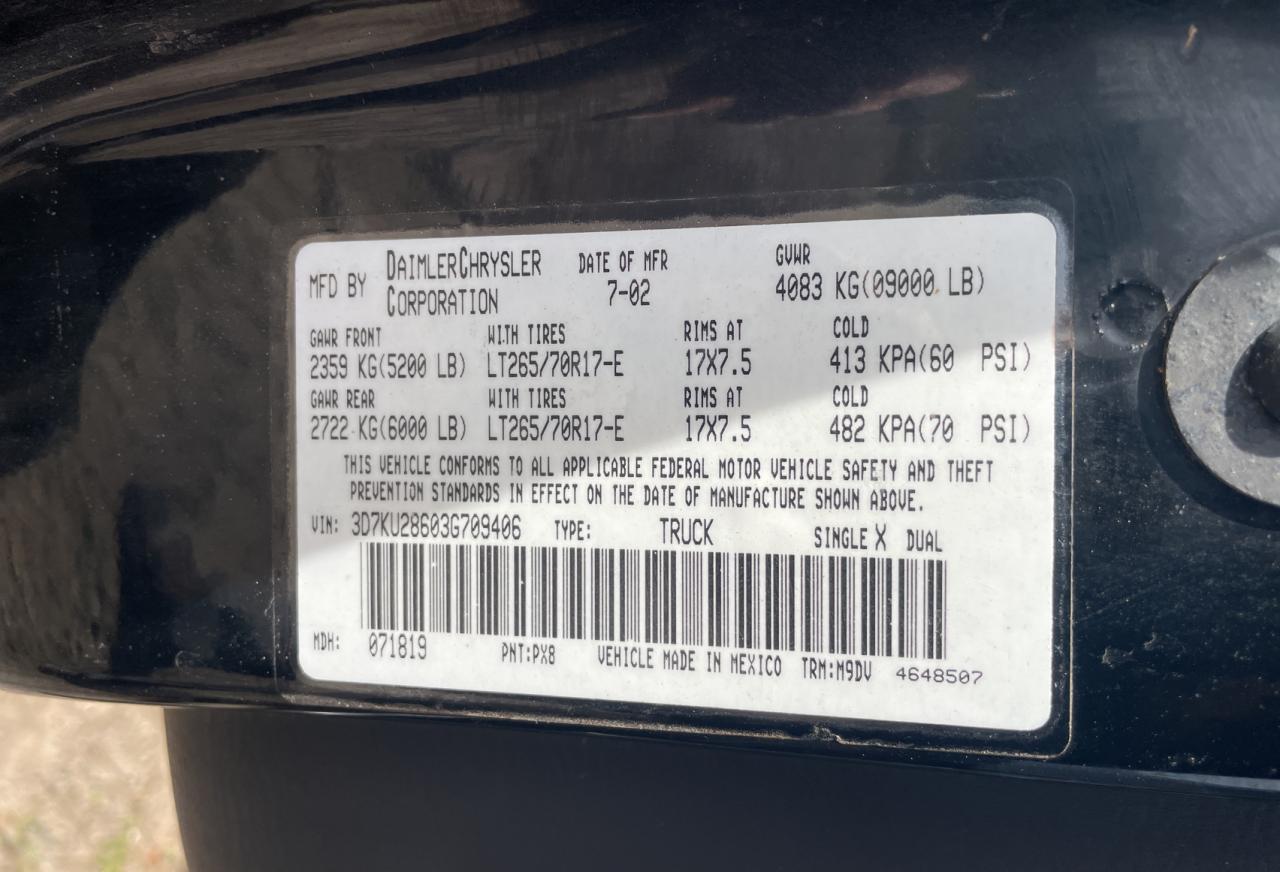 2003 Dodge Ram 2500 St VIN: 3D7KU28603G709406 Lot: 84349524