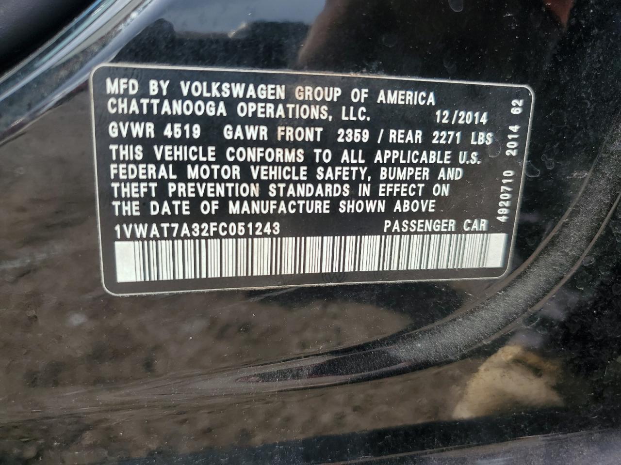 VIN 1VWAT7A32FC051243 2015 VOLKSWAGEN PASSAT no.12