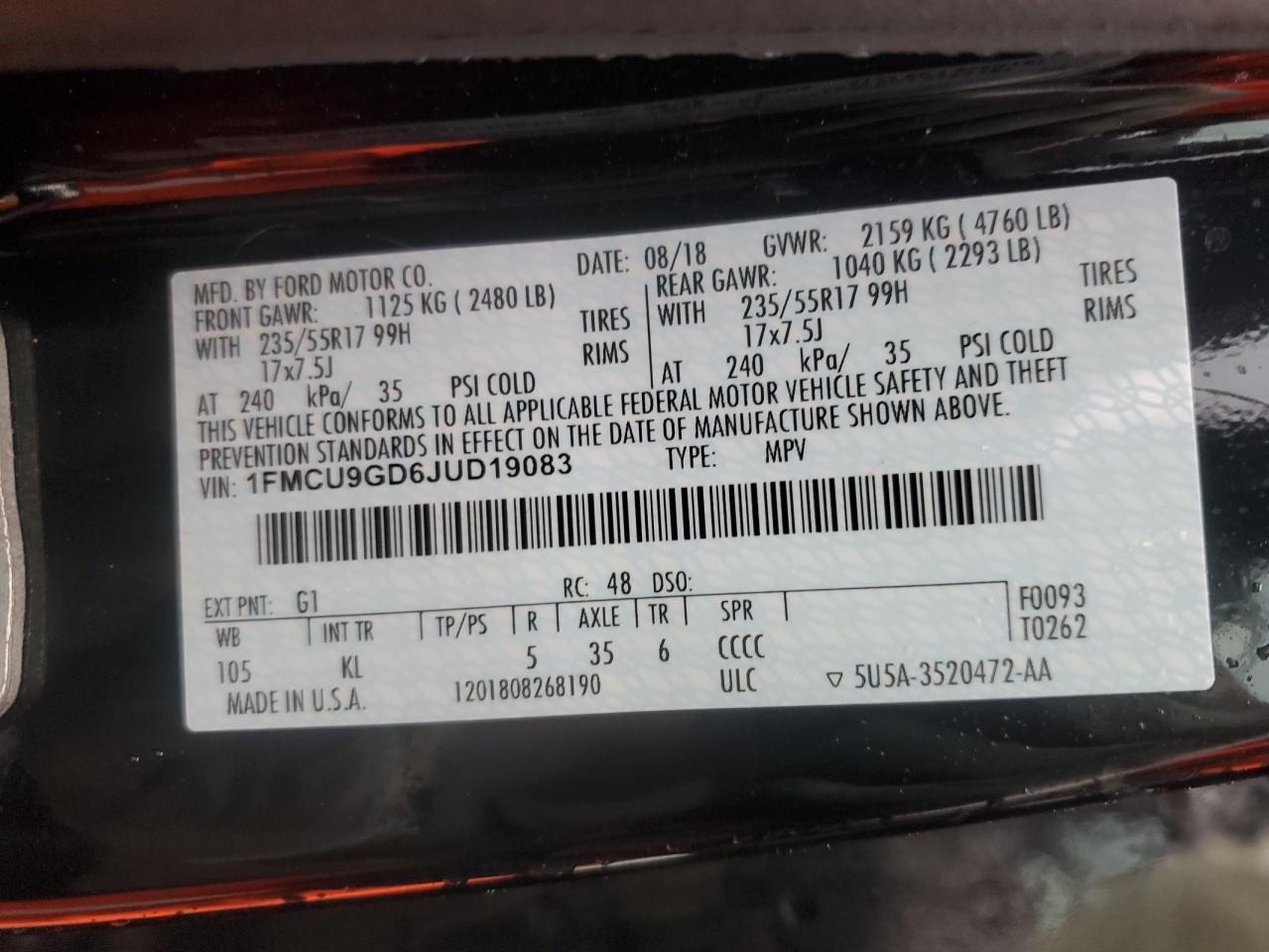1FMCU9GD6JUD19083 FORD ESCAPE 2018
