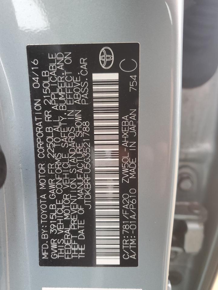 VIN JTDKBRFU5G3521788 2016 TOYOTA PRIUS no.13