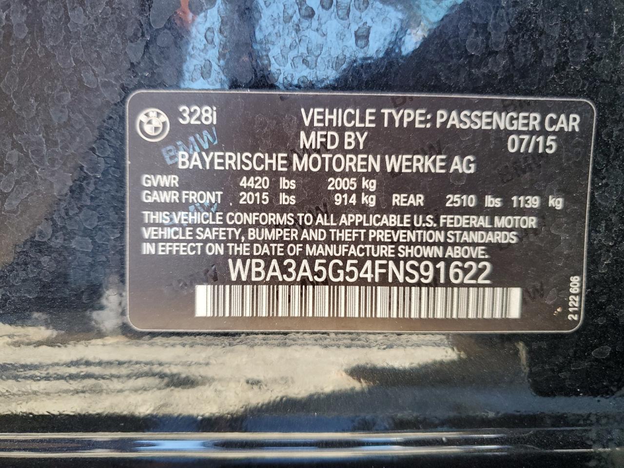 2015 BMW 328 I VIN: WBA3A5G54FNS91622 Lot: 84000404