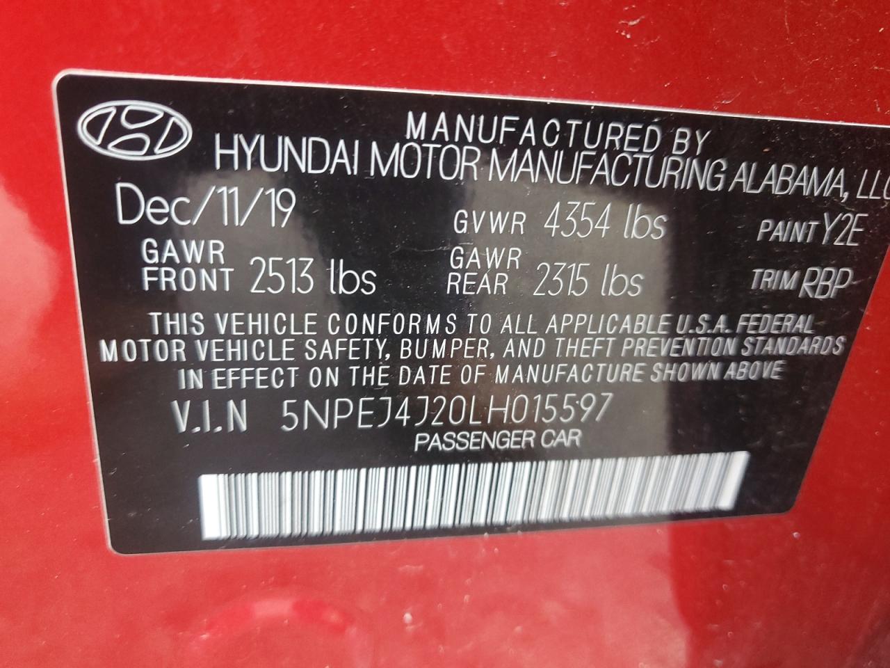 VIN 5NPEJ4J20LH015597 2020 HYUNDAI SONATA no.13