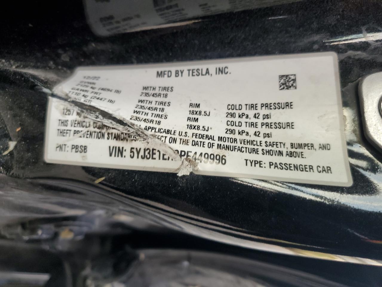 VIN 5YJ3E1EA3PF449996 2023 TESLA MODEL 3 no.12