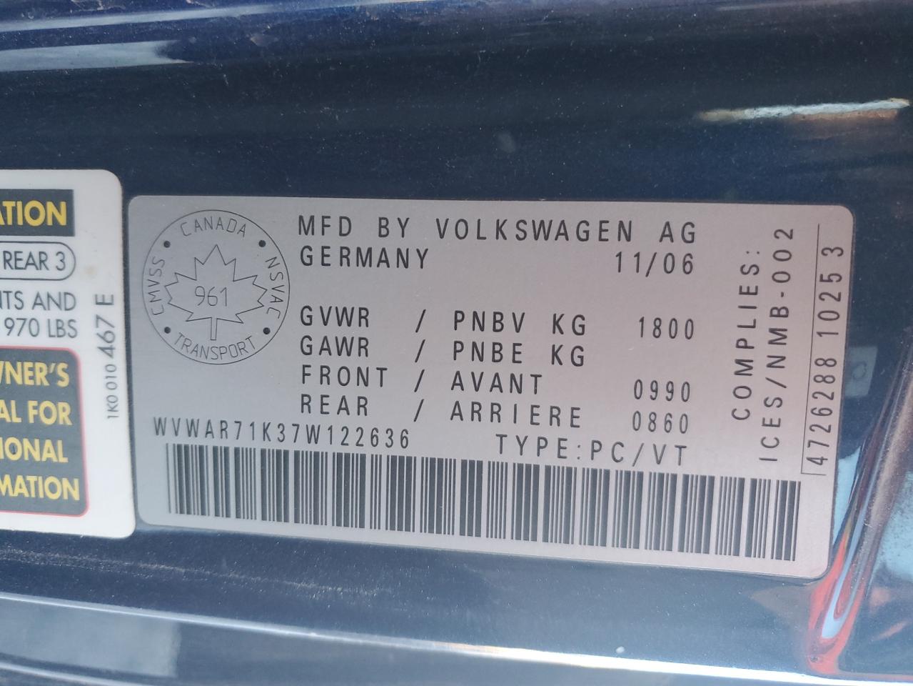 2007 Volkswagen Rabbit VIN: WVWAR71K37W122636 Lot: 85925044