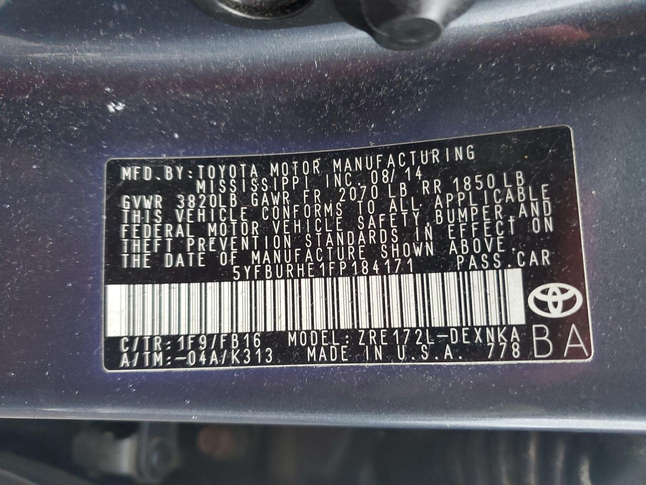 2015 Toyota Corolla L VIN: 5YFBURHE1FP184171 Lot: 85557274
