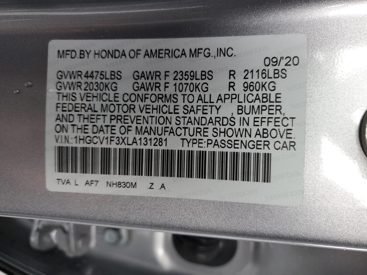 1HGCV1F3XLA131281 HONDA ACCORD 2020