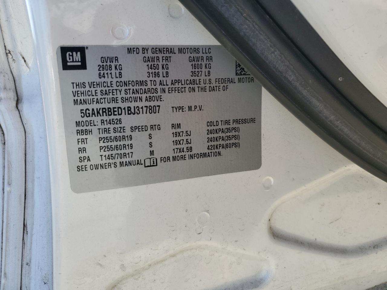 2011 Buick Enclave Cxl VIN: 5GAKRBED1BJ317807 Lot: 84700514