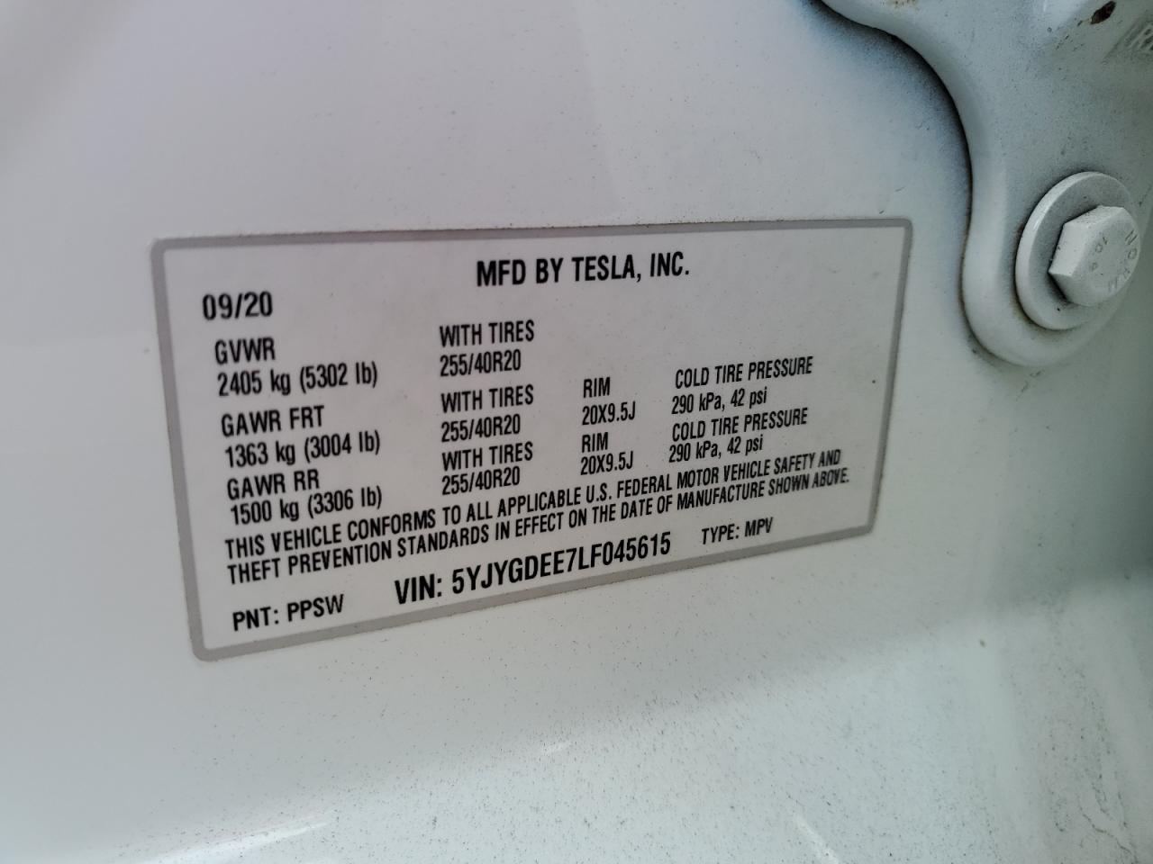 2020 Tesla Model Y VIN: 5YJYGDEE7LF045615 Lot: 85486064