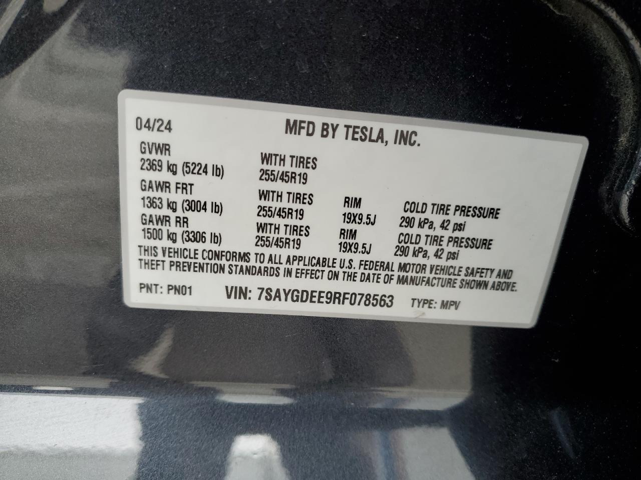 2024 Tesla Model Y VIN: 7SAYGDEE9RF078563 Lot: 84758684