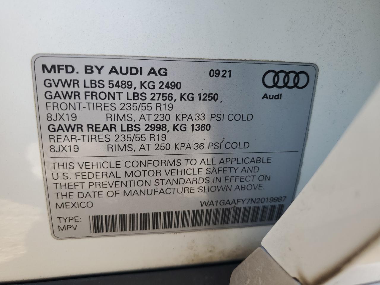 VIN WA1GAAFY7N2019987 2022 AUDI Q5 no.13