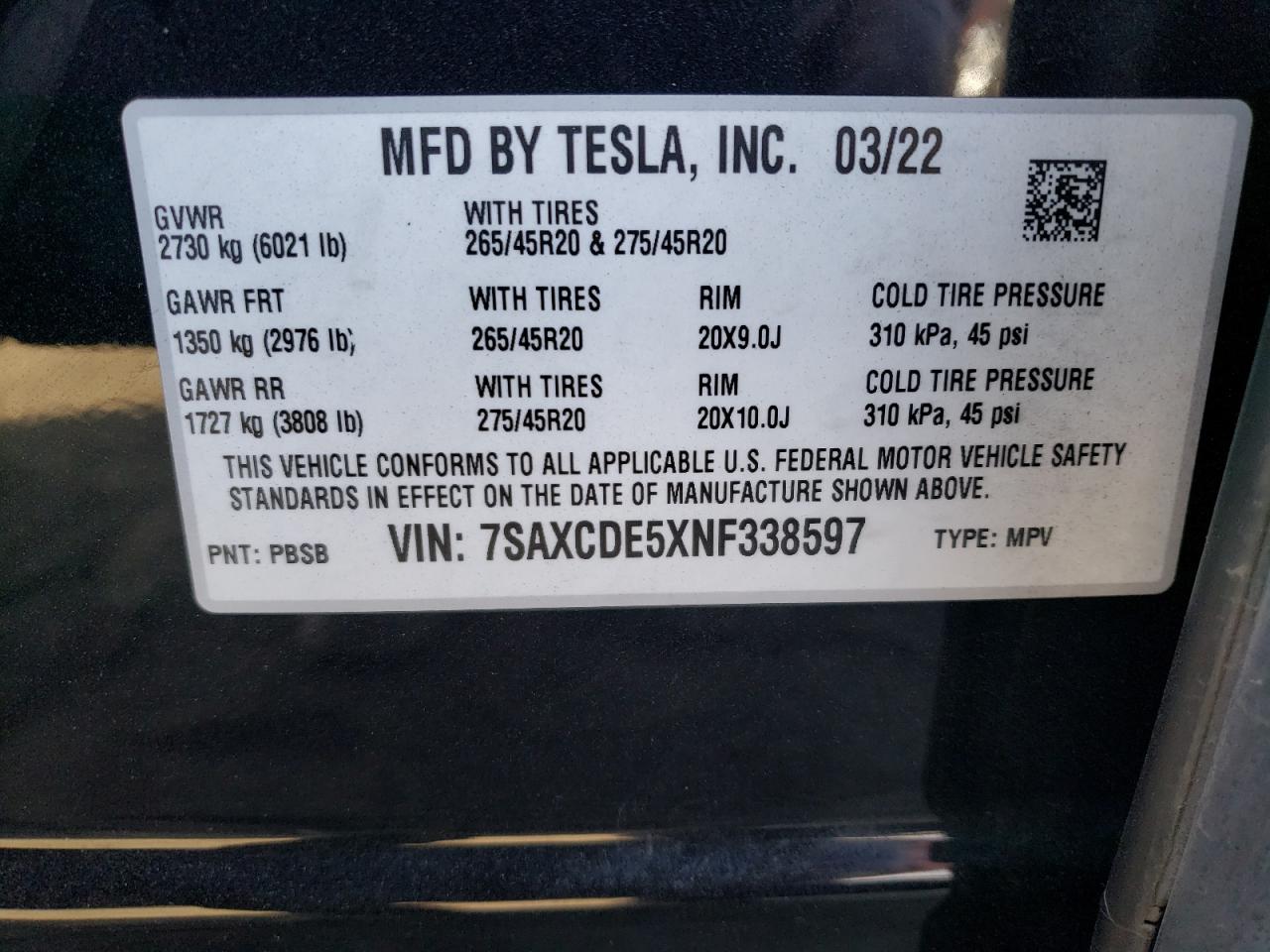 2022 Tesla Model X VIN: 7SAXCDE5XNF338597 Lot: 83689544