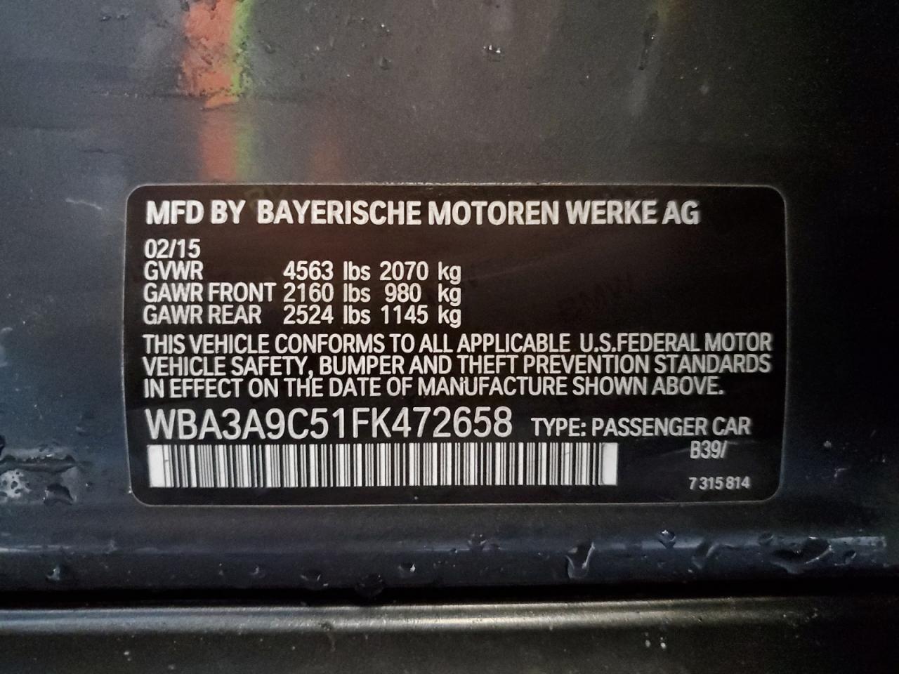 VIN WBA3A9C51FK472658 2015 BMW 3 SERIES no.13