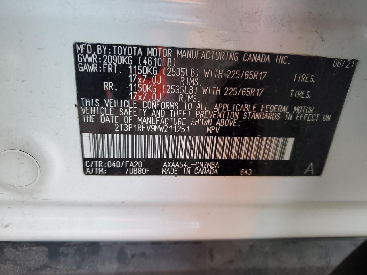 VIN 2T3P1RFV9MW211251 2021 TOYOTA RAV4 no.12