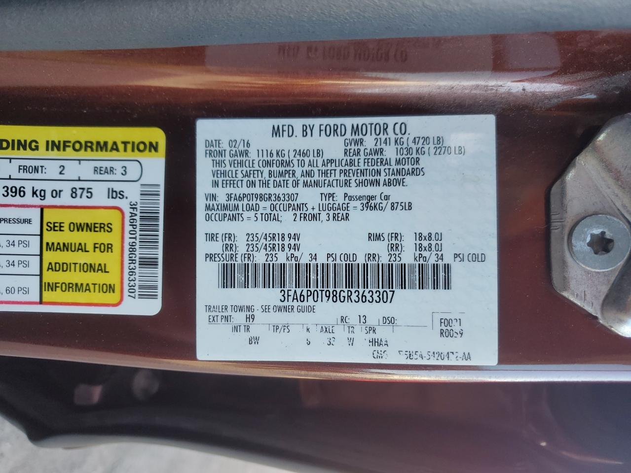 3FA6P0T98GR363307 FORD FUSION 2016