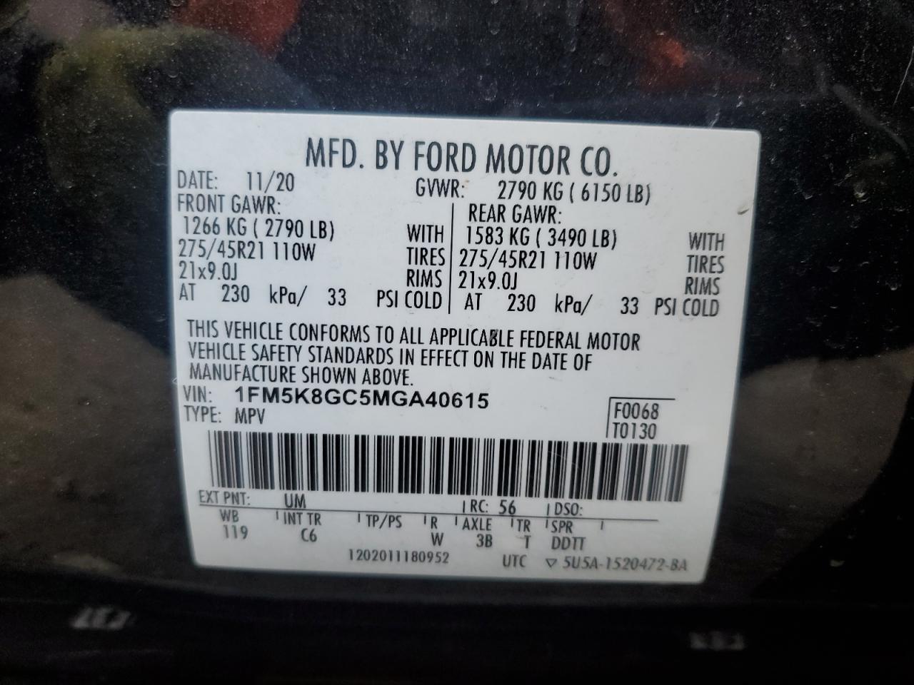 2021 Ford Explorer St VIN: 1FM5K8GC5MGA40615 Lot: 84820344