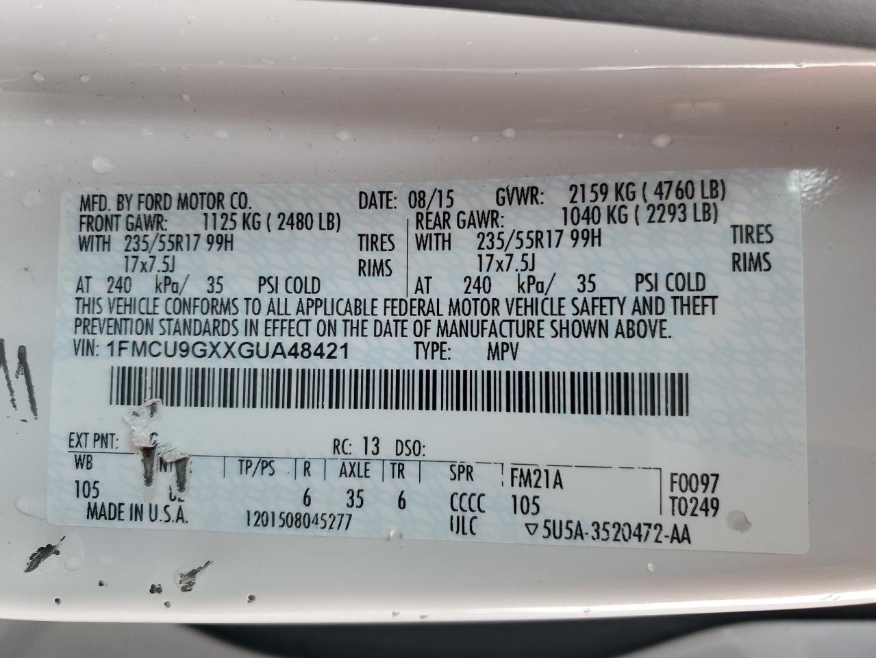 1FMCU9GXXGUA48421 FORD ESCAPE 2016