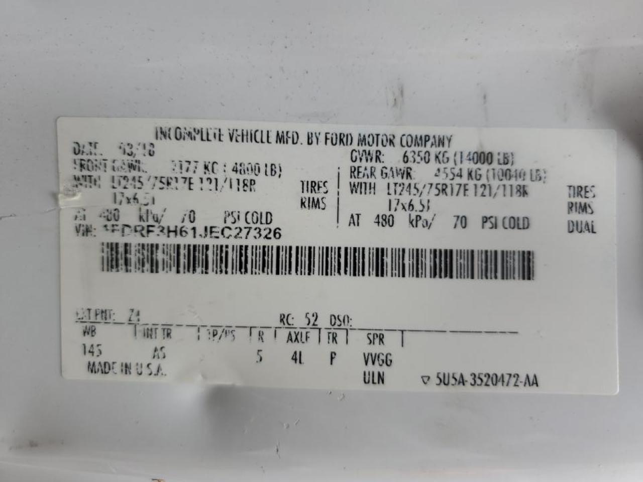 2018 Ford F350 Super Duty VIN: 1FDRF3H61JEC27326 Lot: 81778504