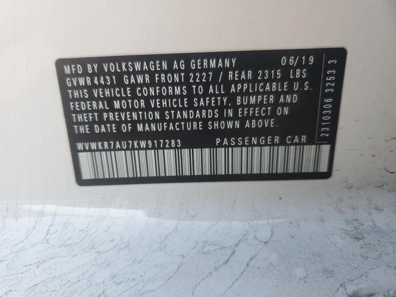 2019 Volkswagen E-Golf Se VIN: WVWKR7AU7KW917283 Lot: 82618894