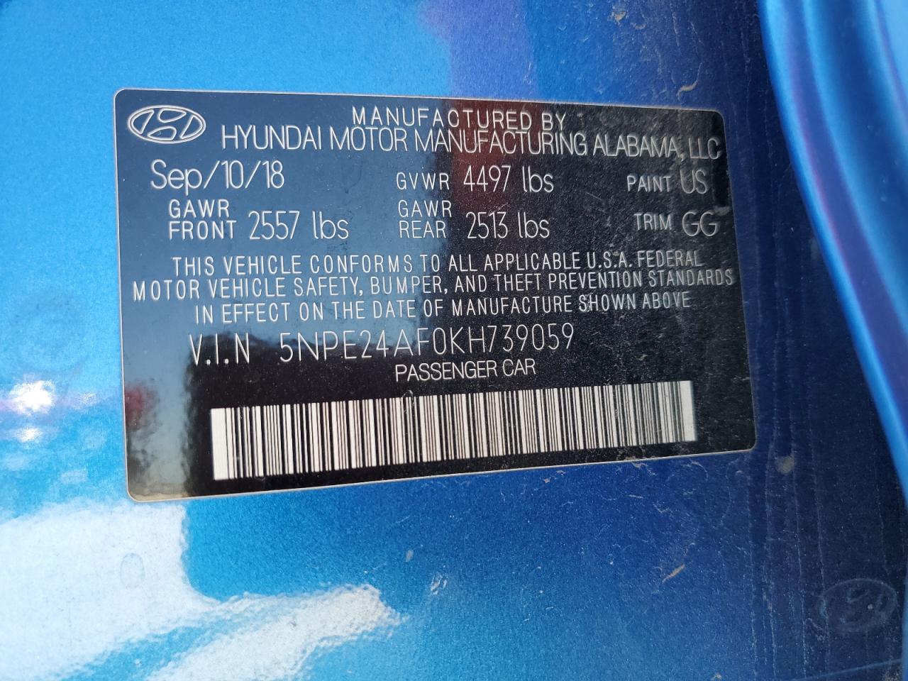 VIN 5NPE24AF0KH739059 2019 HYUNDAI SONATA no.13