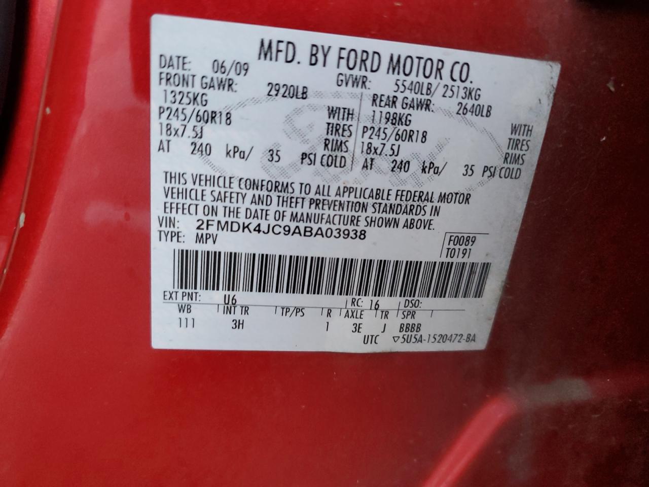 2010 Ford Edge Sel VIN: 2FMDK4JC9ABA03938 Lot: 86333284