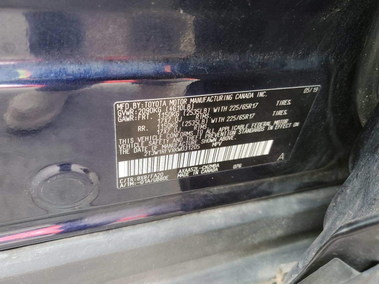 2019 Toyota Rav4 Xle VIN: 2T3W1RFVXKW031205 Lot: 84666794