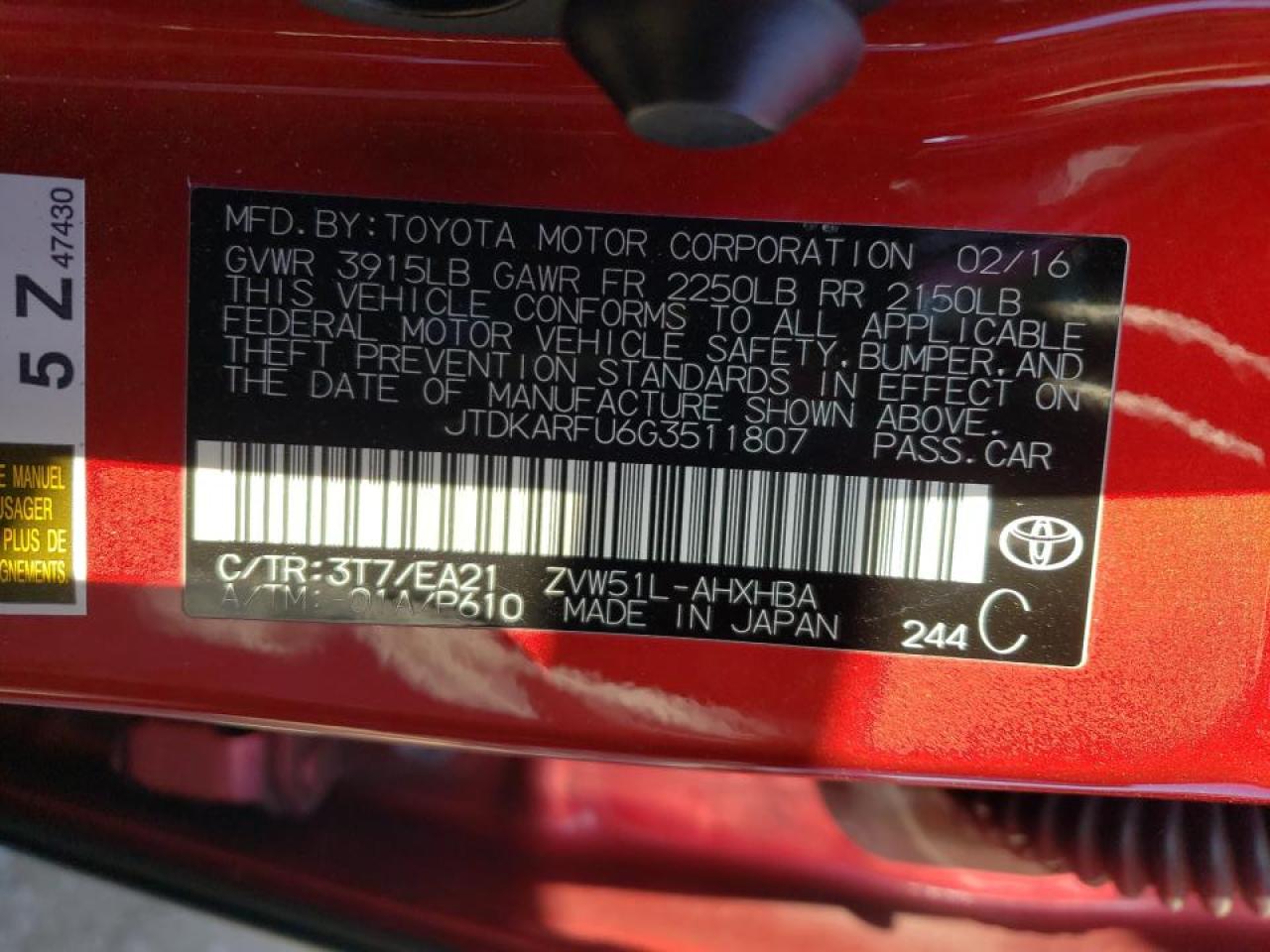 VIN JTDKARFU6G3511807 2016 TOYOTA PRIUS no.13